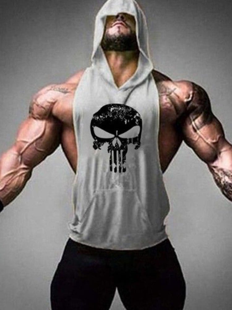 menaful Gray / M Fitness Hooded Skull Tank Top