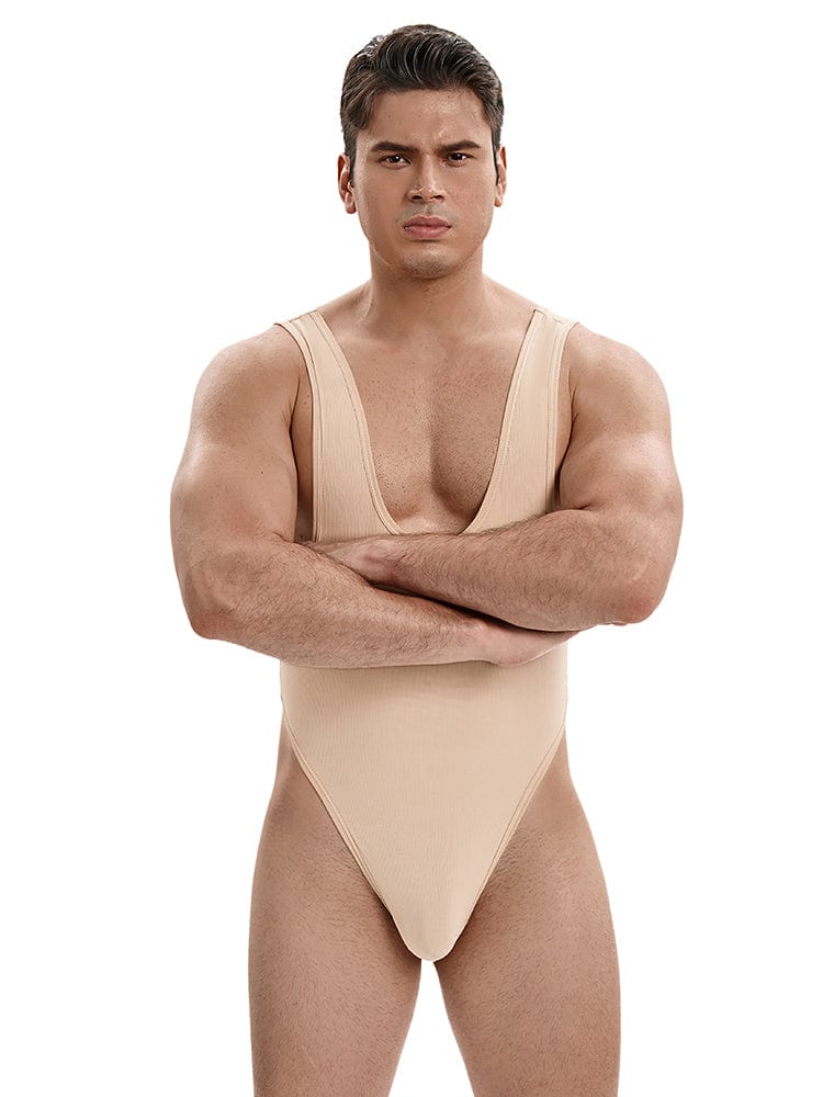 menaful Latte Color Men's Tank Top Bodysuit - Latte
