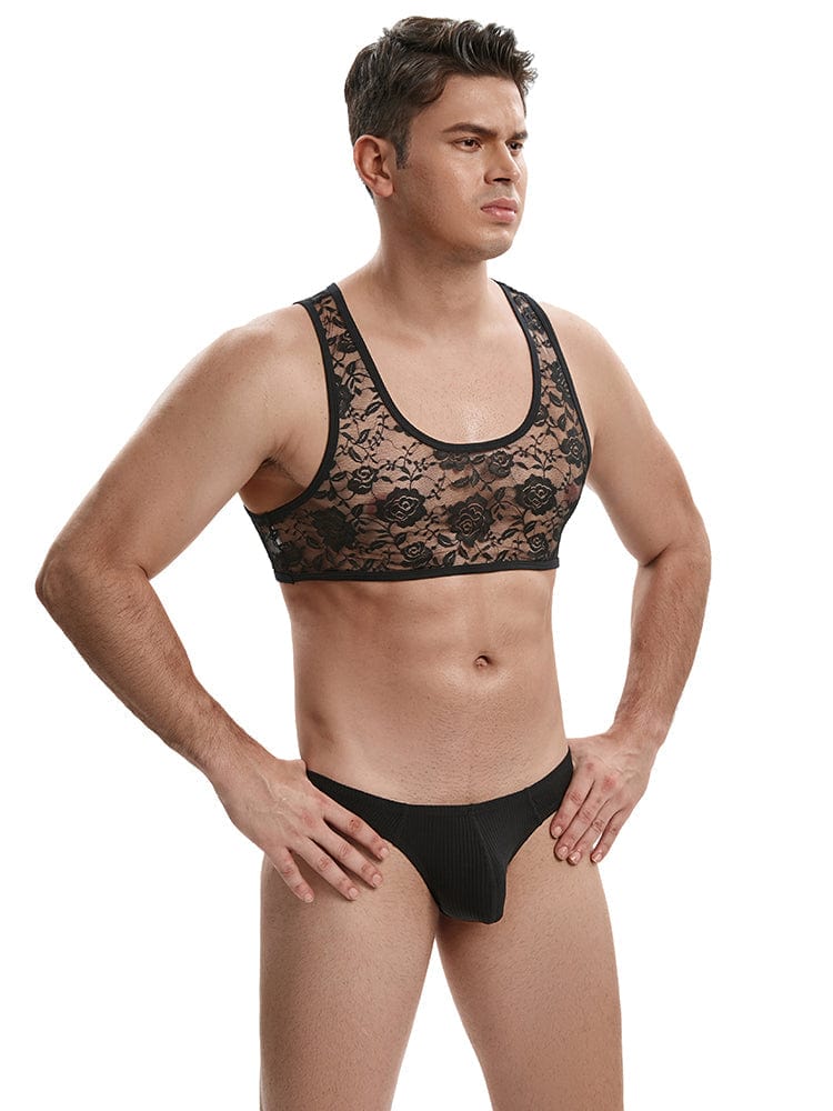 menaful See Through Tight Elastic Lace Crop Top Tank