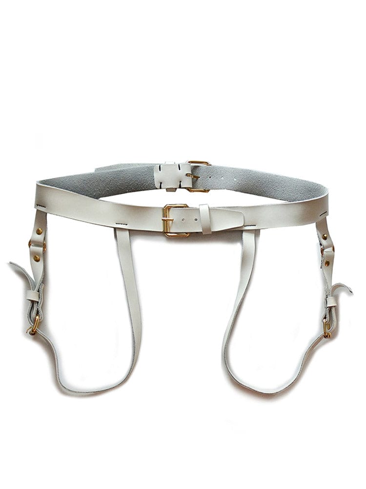 menaful White / One Size Men's Leather Double Belt Binding Bondage