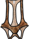 menaful Yellow Leopard Print / M Men's Mesh Breathable One-piece Bodysuit