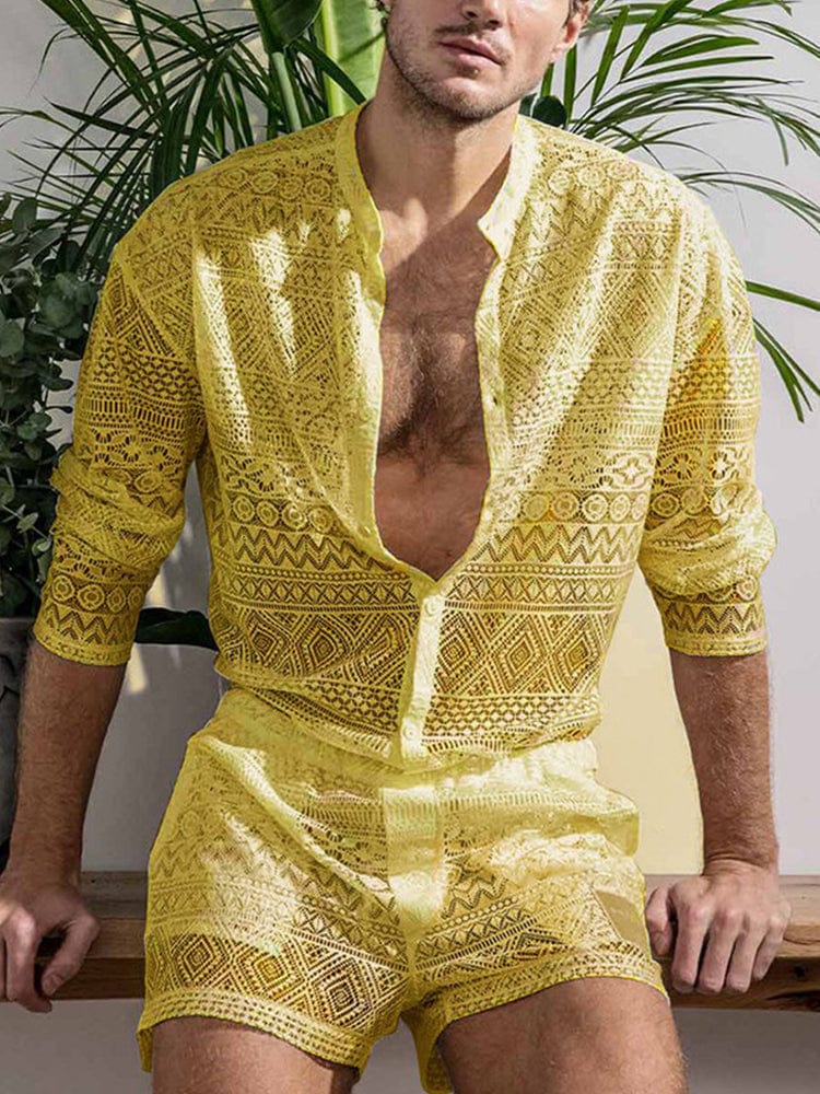 menaful Yellow / S Men's Casual Long Sleeve Shirt Suit