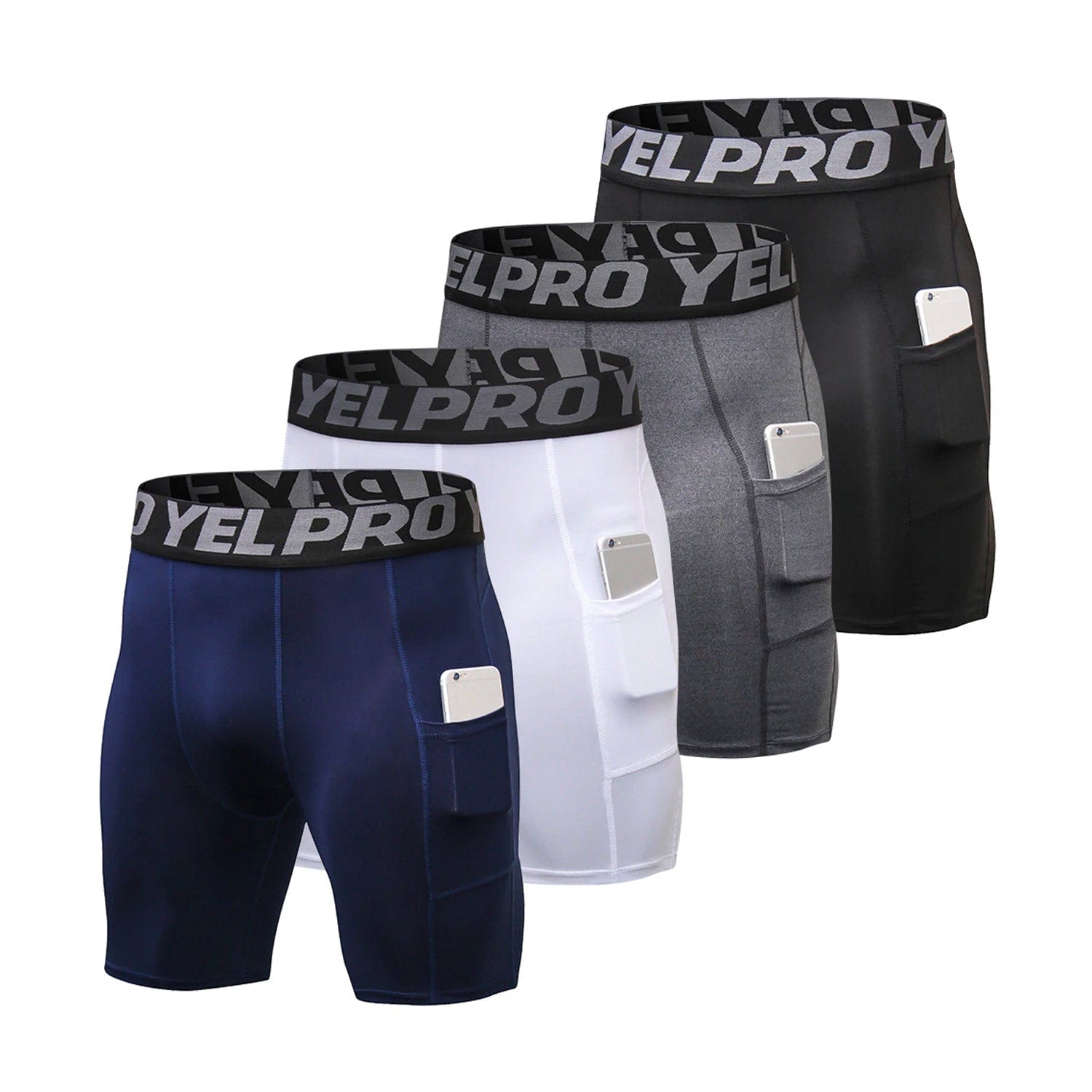 Menaful™ activewear S (25-27) / Black, Grey, White & Navy Pocketed Compression Pants 4-Pack