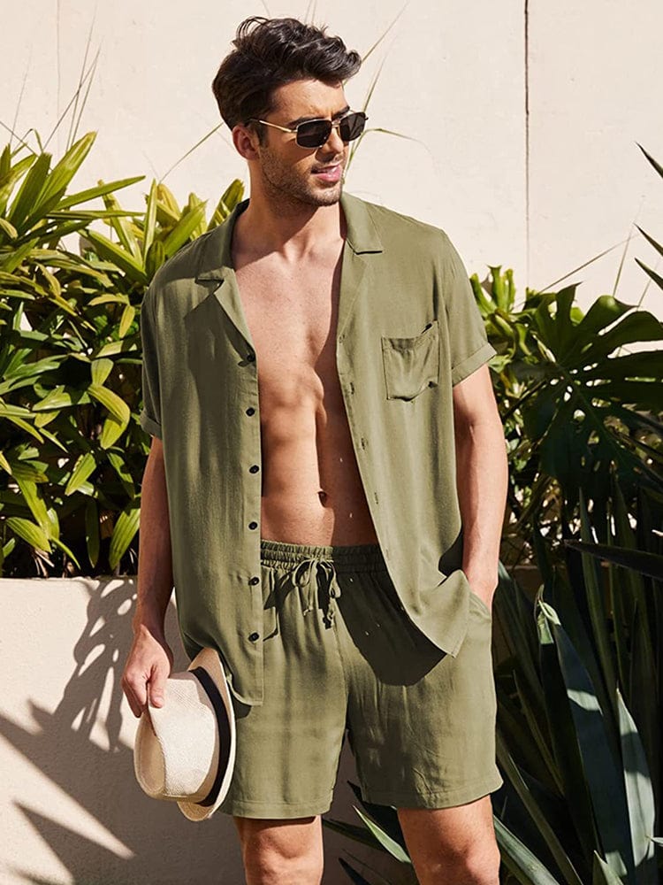 menaful Army Green / M Men's Loose Cotton Linen Shirt Shorts Suit