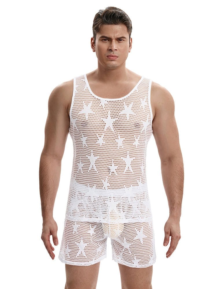 menaful Attention Sheer Star Muscle Tank - White