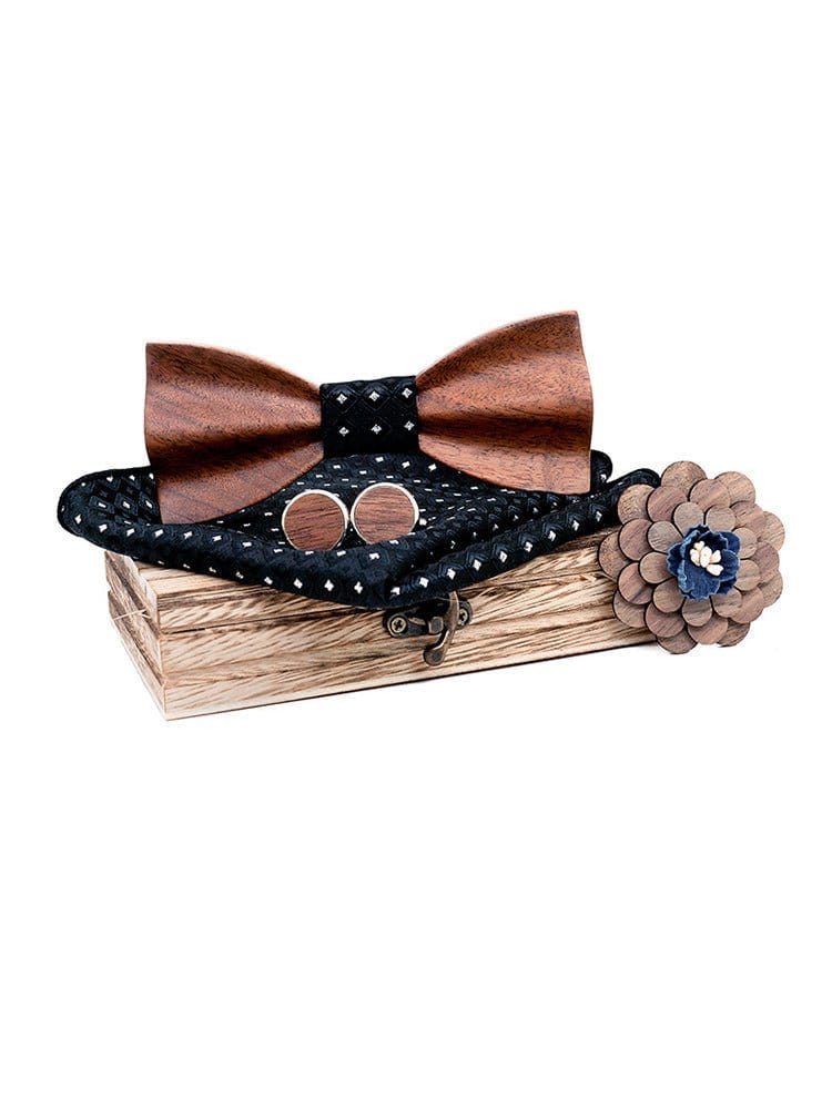 menaful Black Business Wood Bow Tie Cufflinks Square Scarf Corsage Set