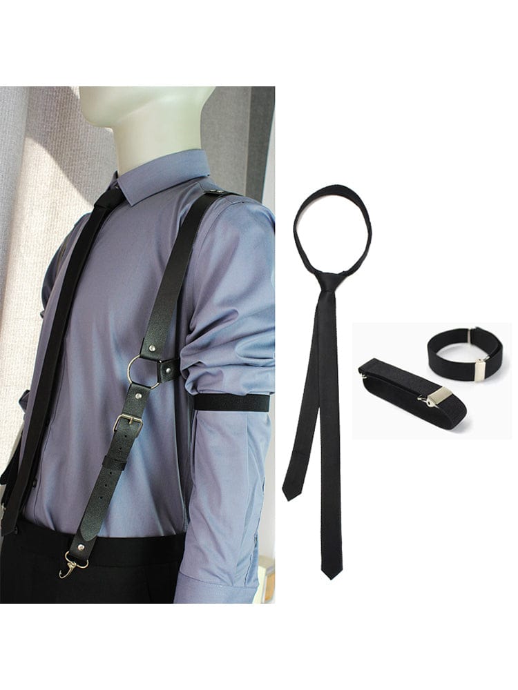 menaful Black / Harness+Necktie+Sleeve Bands Trendy motorcycle style PU leather strap