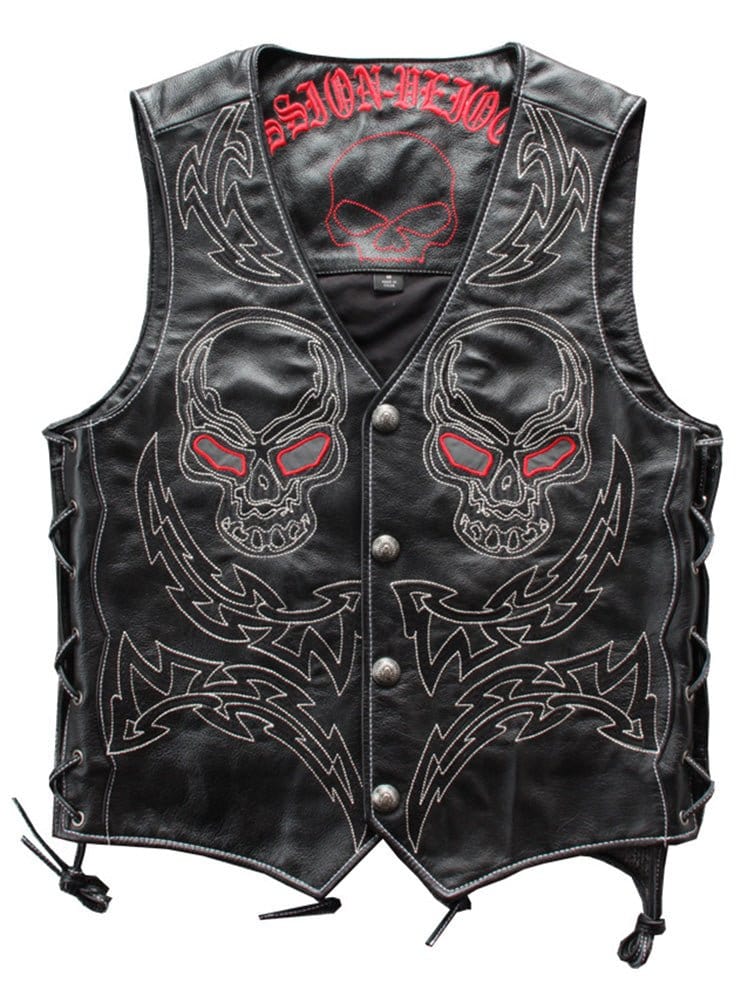 menaful Black / M Embroidered Skull Vest In Top-Grain Leather