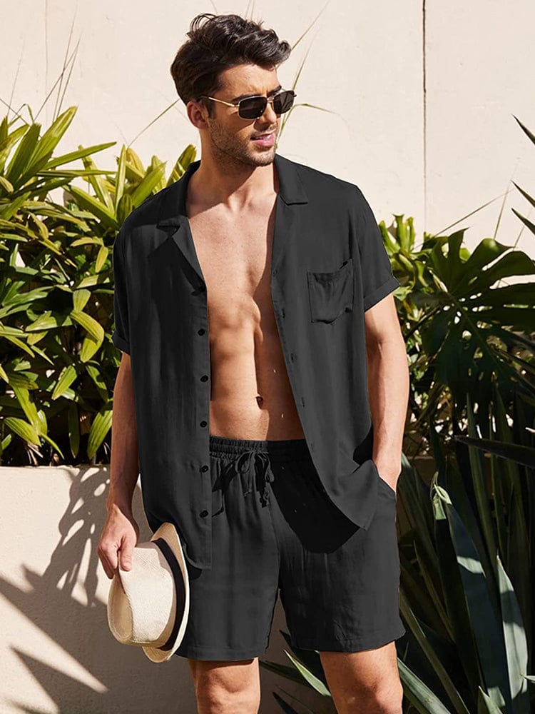 menaful Black / M Men's Loose Cotton Linen Shirt Shorts Suit