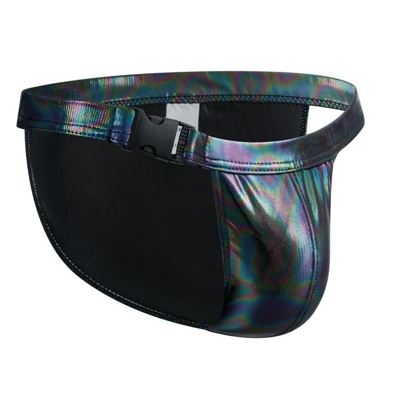 menaful Black / M Sexy Buckle Laser Faux Leather Briefs