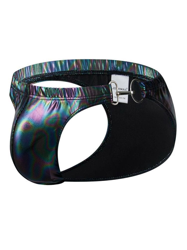 menaful Black / M Sexy Metal Buckle Laser Faux Leather Briefs