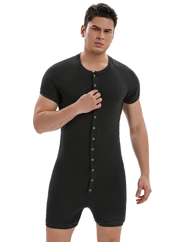 menaful Black Men's Casual Button-up Bodysuit - Black