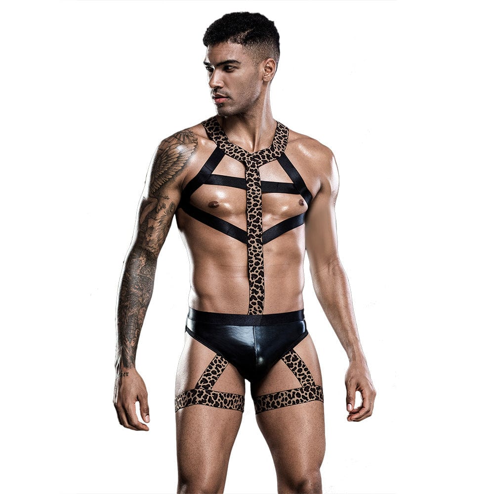 Menaful™ black Men's Nightclub Leopard Print Sexy Bondage Set with Underwear