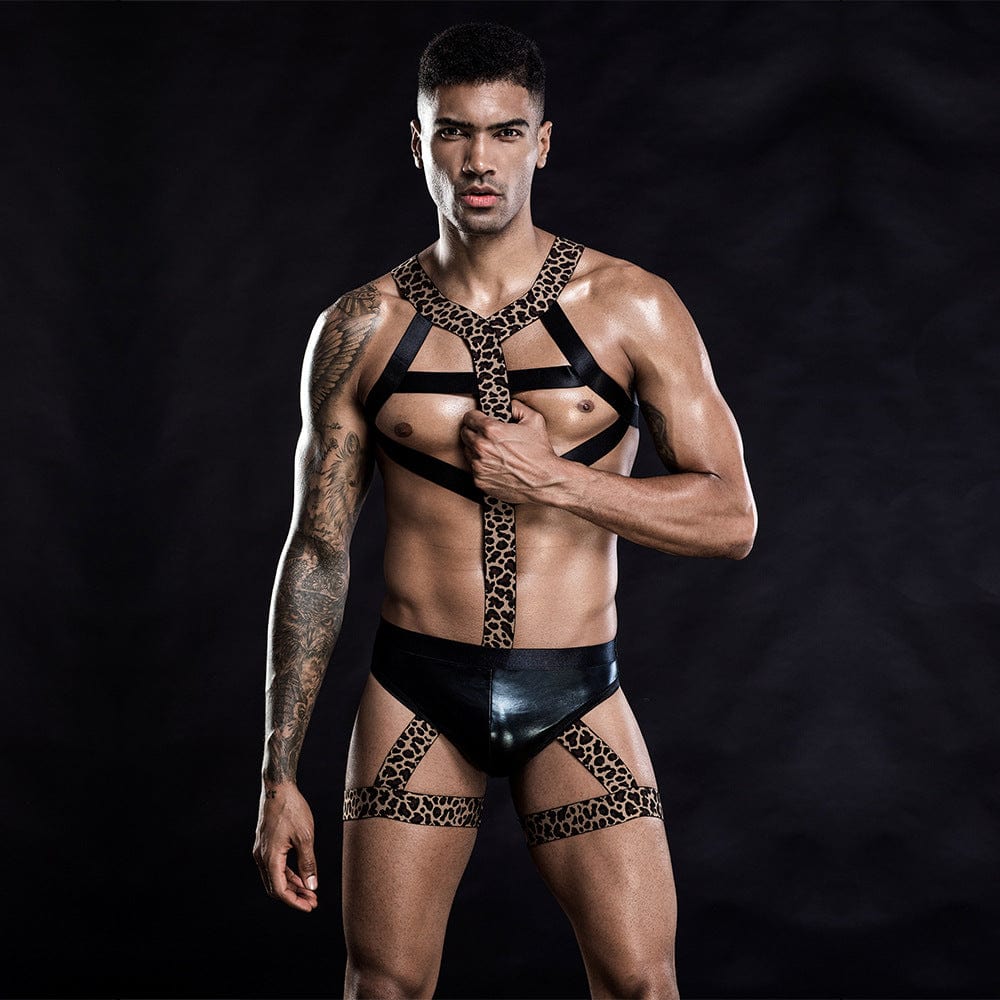 Menaful™ black Men's Nightclub Leopard Print Sexy Bondage Set with Underwear