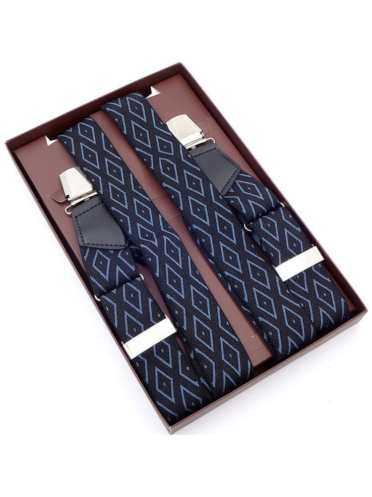 menaful Black & Navy Diamond / Polyester British style men's cheek suspenders with side clips