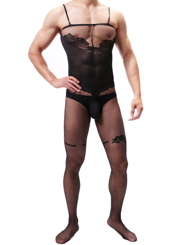 menaful Black / One Size Men's Camisole Jacquard Silky One Piece Stockings