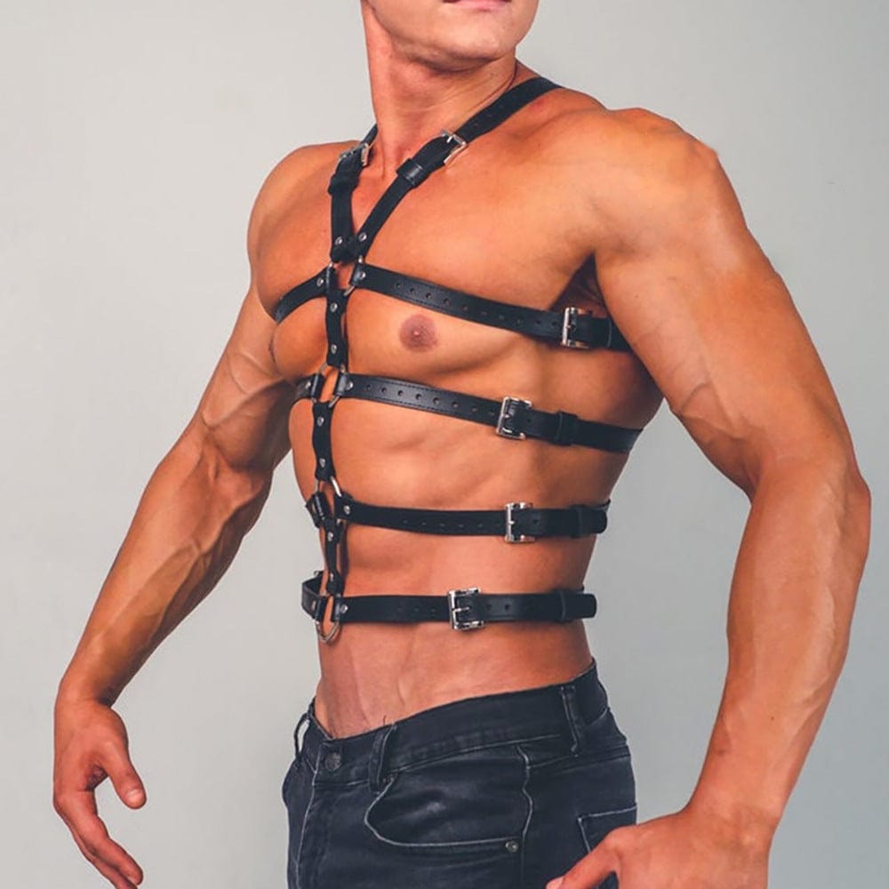 menaful Black / One Size Men's Leather Harness Chest Strap - Black