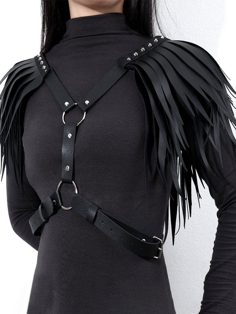 menaful Black / One Size / PU Leather Angel Wing Leather Adjustable Tassel Harness Strap