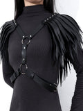 menaful Black / One Size / PU Leather Angel Wing Leather Adjustable Tassel Harness Strap