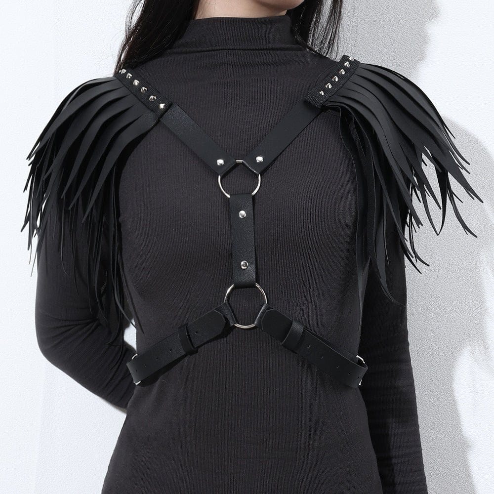 menaful Black / One Size / PU Leather Angel Wing Leather Adjustable Tassel Harness Strap