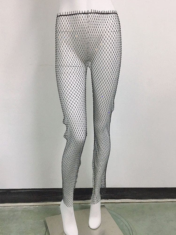 menaful Black / One Size Sexy See-through Tight Rhinestone Fishnet Stocking