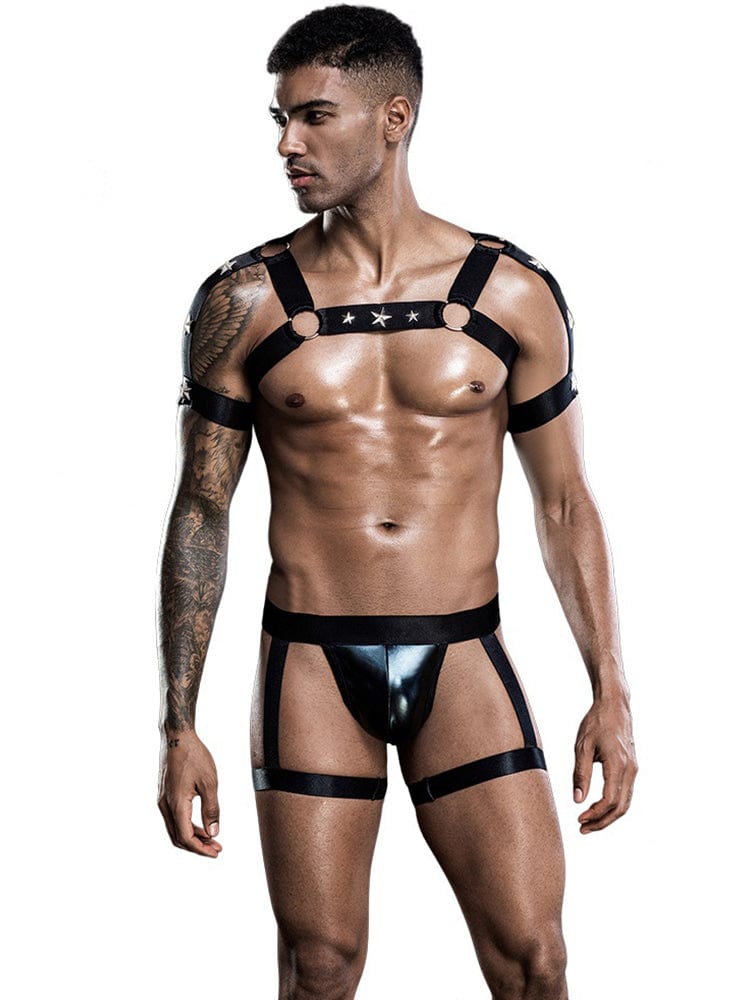 menaful Black / One Size Star Chest Strap Thong Set - Black