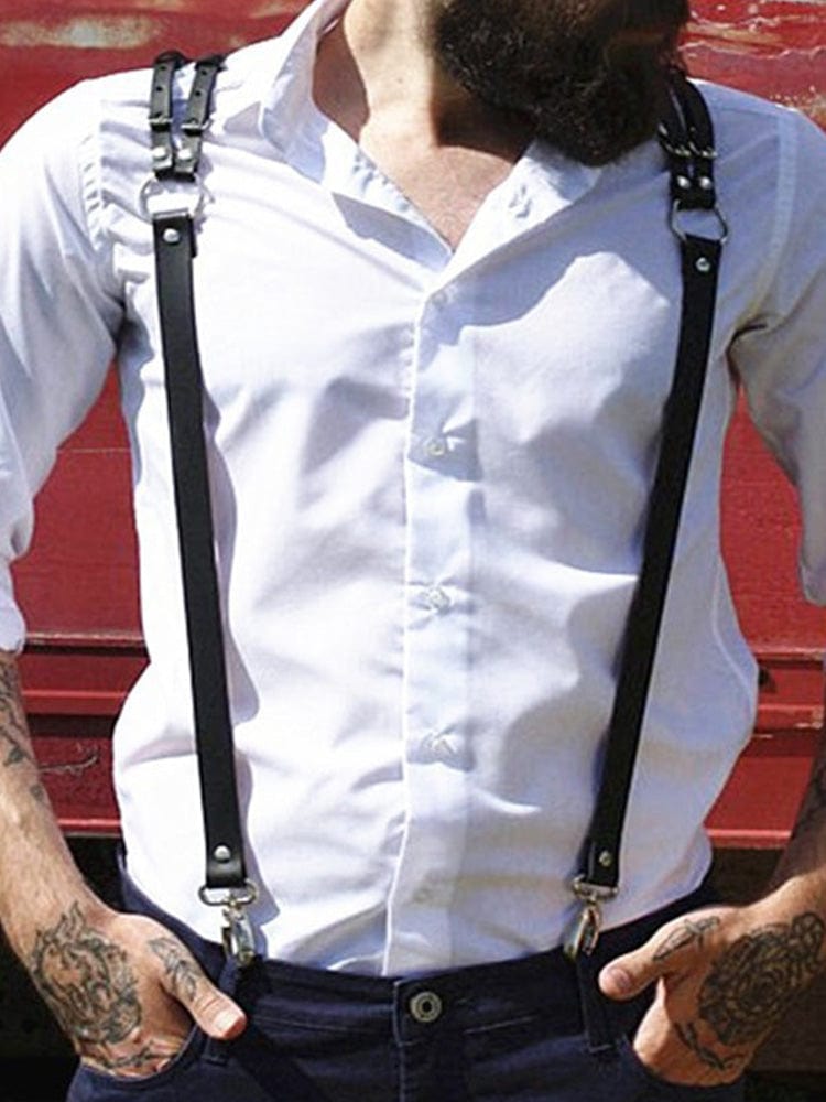 menaful Black / One Size Strap Clip Men's Suspenders Leather Harness - Black