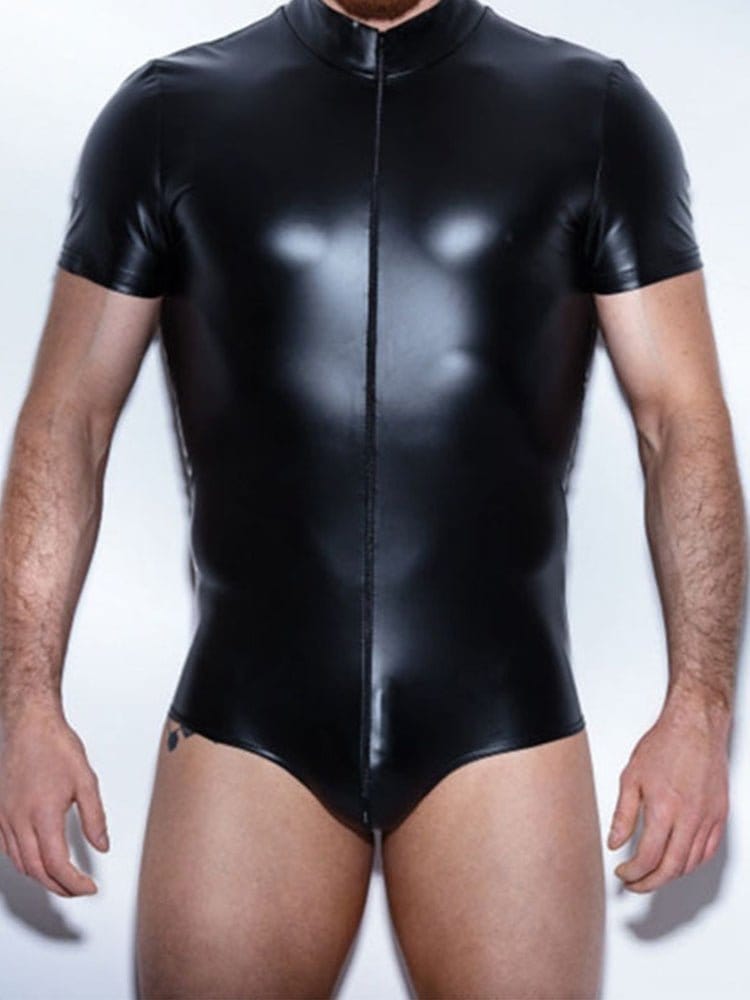 menaful Black Patent Zipper Bodysuit