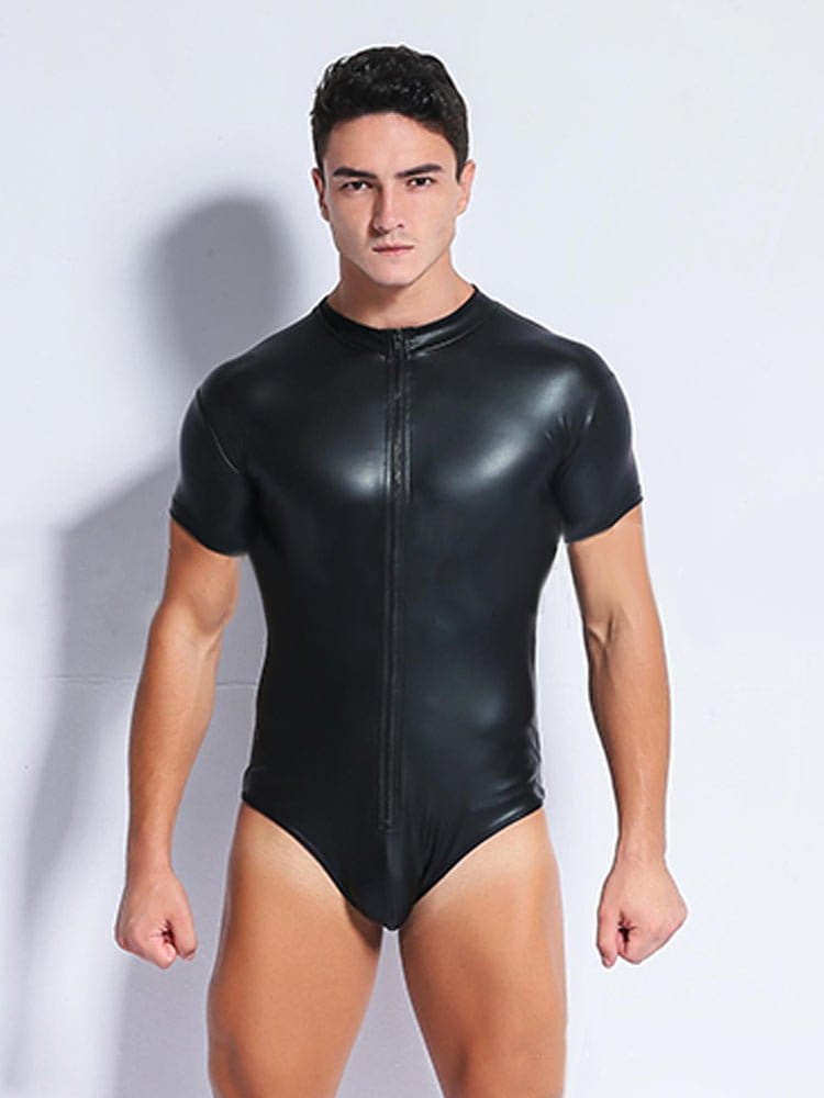 menaful Black Patent Zipper Bodysuit