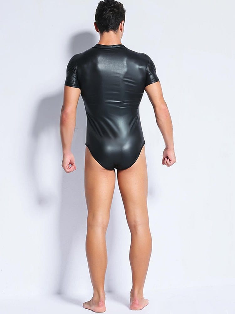 menaful Black Patent Zipper Bodysuit