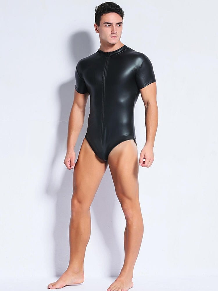 menaful Black Patent Zipper Bodysuit