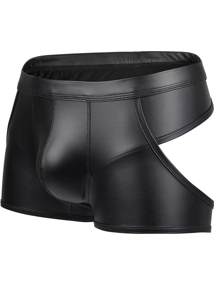 menaful Black / S Faux Leather Men's Low Rise Sexy Boxer Pants Back Open