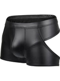 menaful Black / S Faux Leather Men's Low Rise Sexy Boxer Pants Back Open