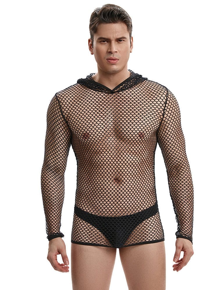 menaful Black / S Hooded Long Sleeve Muscle Underwear Sexy Suit - Black