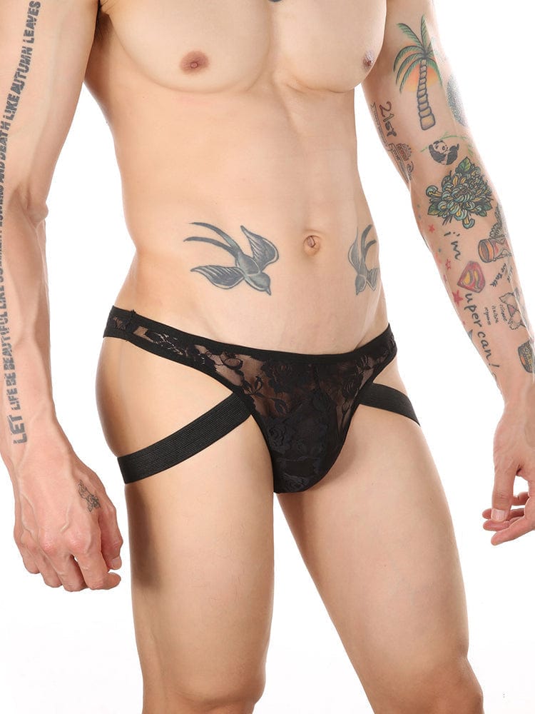 menaful Black / S Men's Lace See-Through Thong