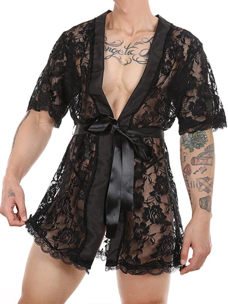 menaful Black / S Men's Perspective Temptation Sexy Lace Thong Bathrobe