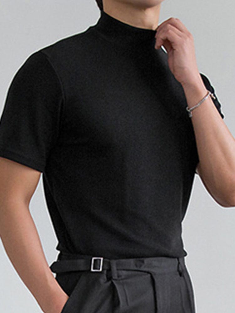 menaful Black / S Men's Tight Neck Solid Color Short Sleeve Bottoming Shirt