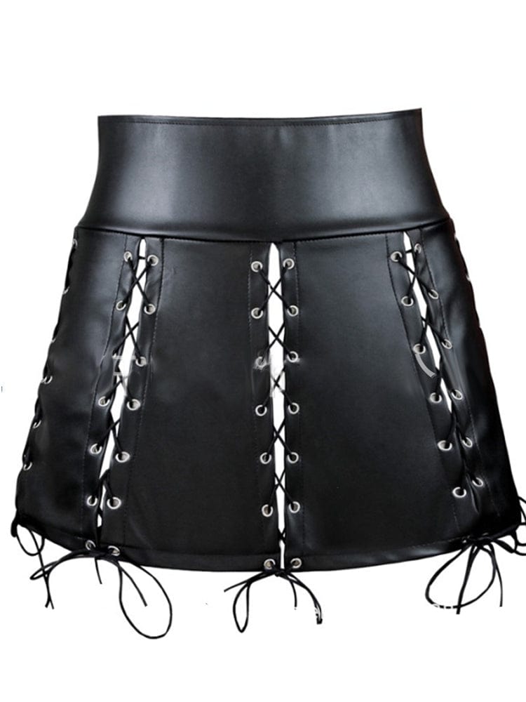 menaful Black / S Multi-piece Studded Corded Leather Skirt