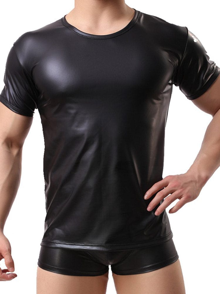 menaful Black / S Round Neck Summer Leather Shirt