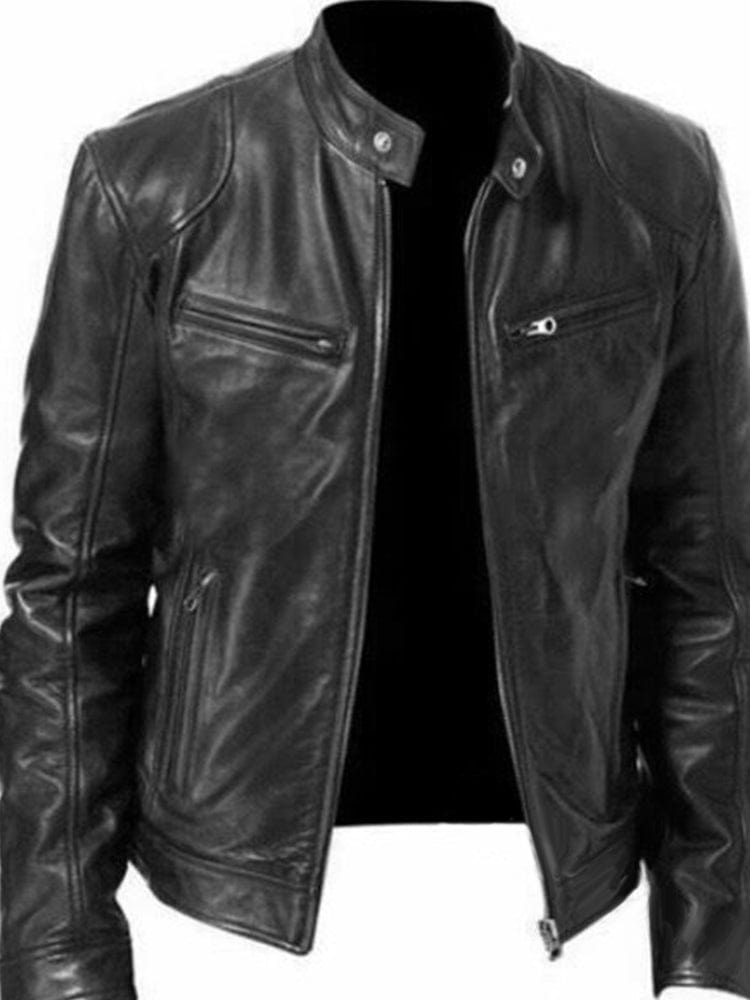 menaful Black / S Stand Collar Slim Fit Pu Leather Jacket