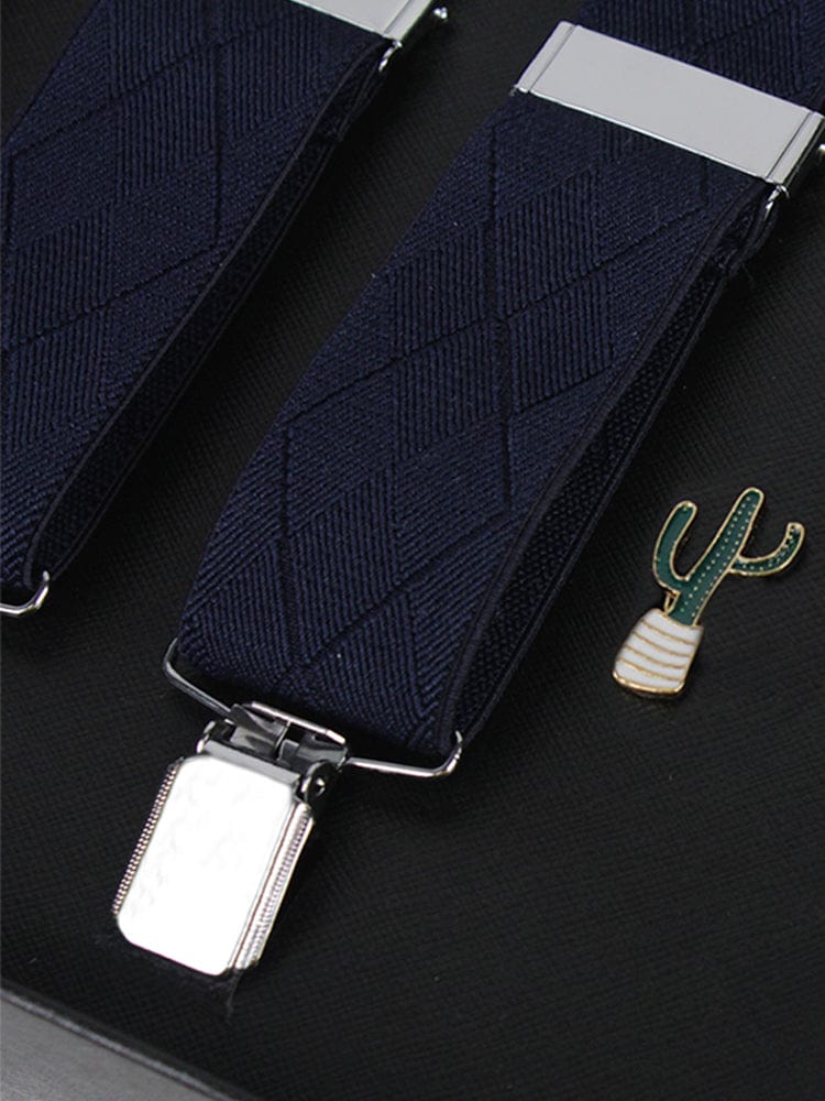 menaful Blue+Brooch Men's black elastic buckle non-slip suspenders set