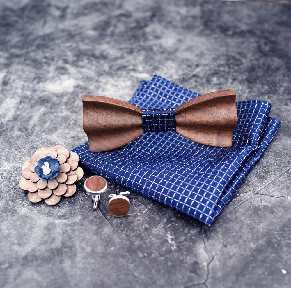 menaful Blue Business Wood Bow Tie Cufflinks Square Scarf Corsage Set