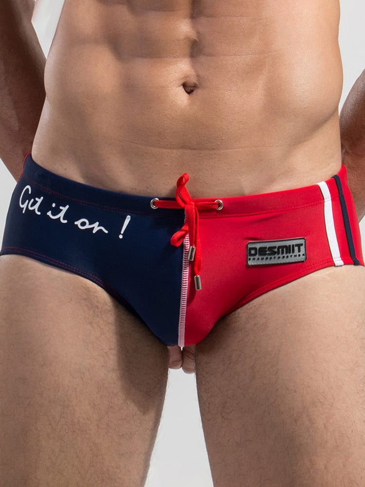 menaful Blue+Red / M Men's Colorblock Tethered Low Rise Beach Swim Briefs