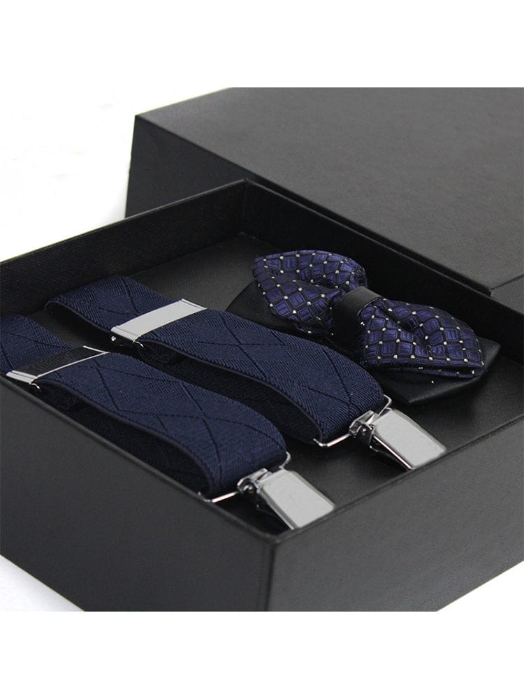 menaful Blue+Tie Men's black elastic buckle non-slip suspenders set