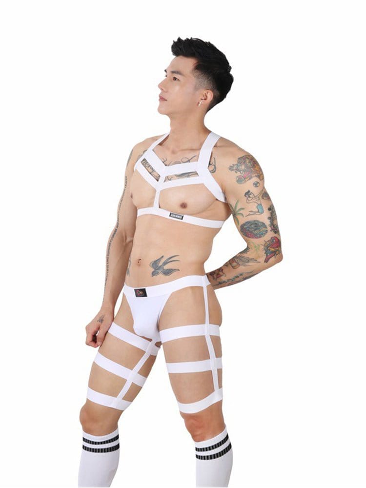 menaful bodysuit White Elastic Harness Briefs Socks Set 3 Piece Outfit