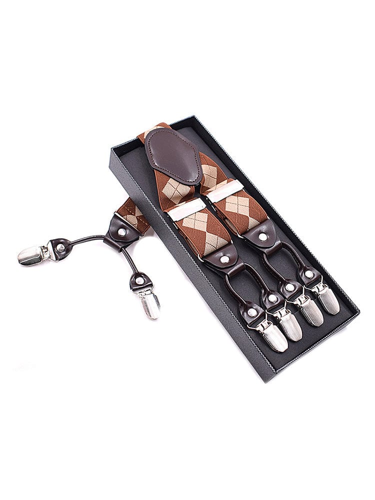 menaful Brown and beige checkered / One Size Men's British Retro Style Straps Clip Suit Suspenders