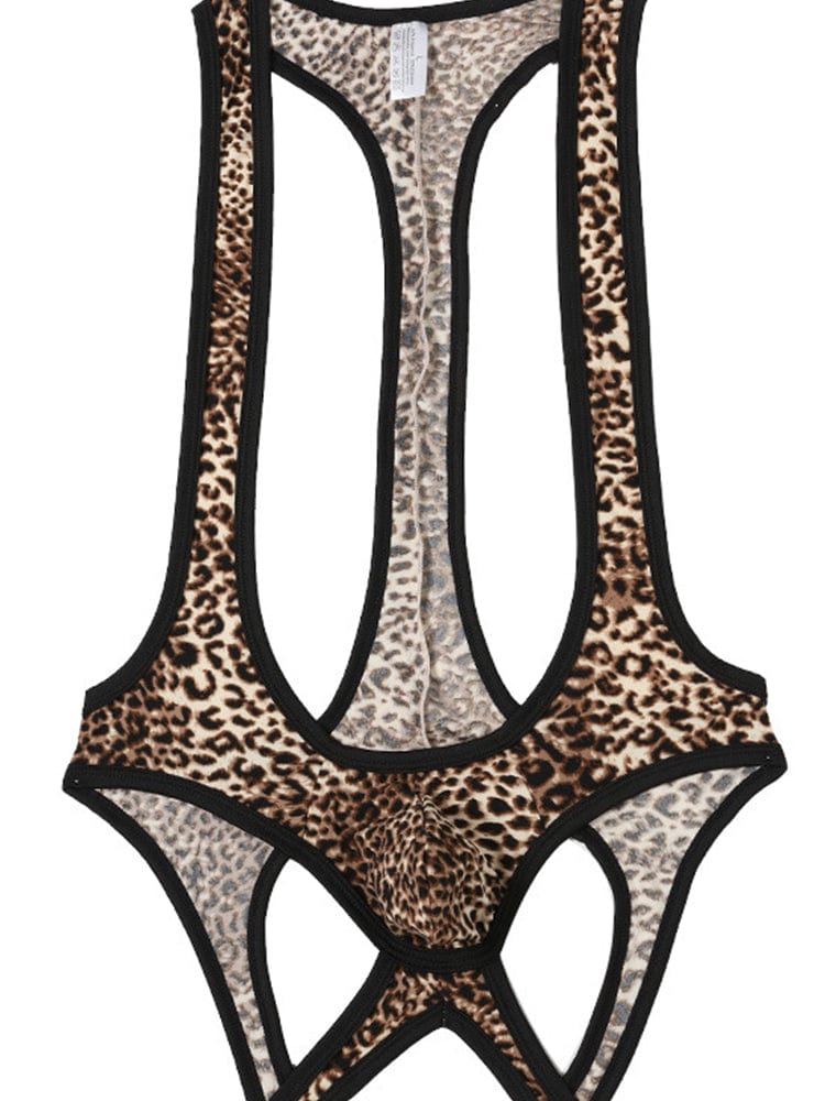 menaful Brown Leopard Print / M Men's Mesh Breathable One-piece Bodysuit