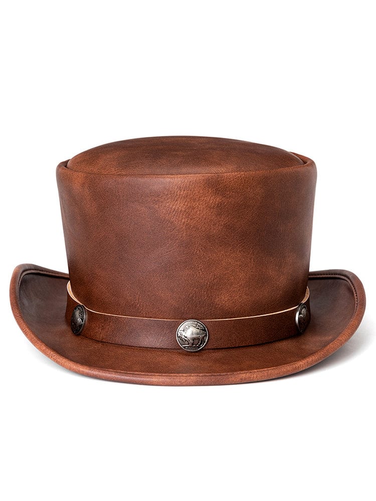 menaful Brown / One Size Industrial Retro Pu Leather Round Top Neutral Party Hat