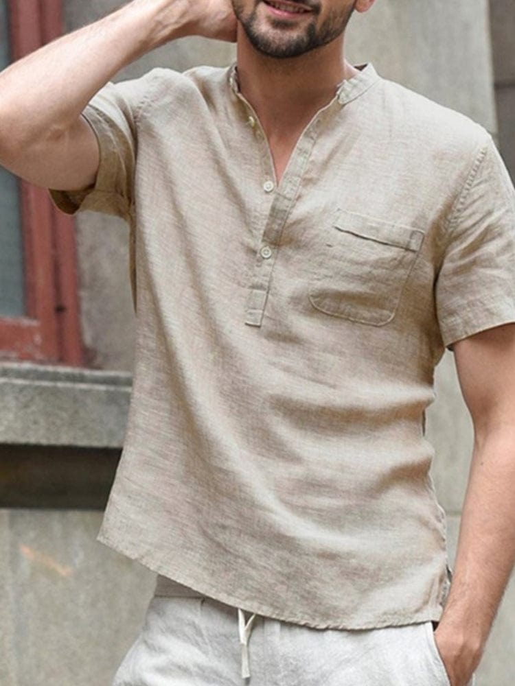 menaful Brown / S Men's Cotton Linen Short Sleeve Shirt