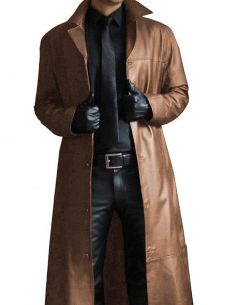 menaful Brown / S Men's Long PU Leather Overcoat